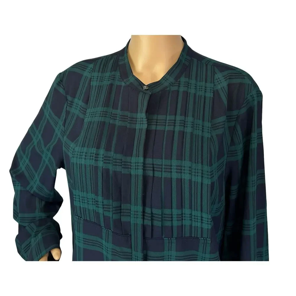 J. Crew Drapey Tuxedo Bib Blouse in Navy Green Plaid E5598 Size XL